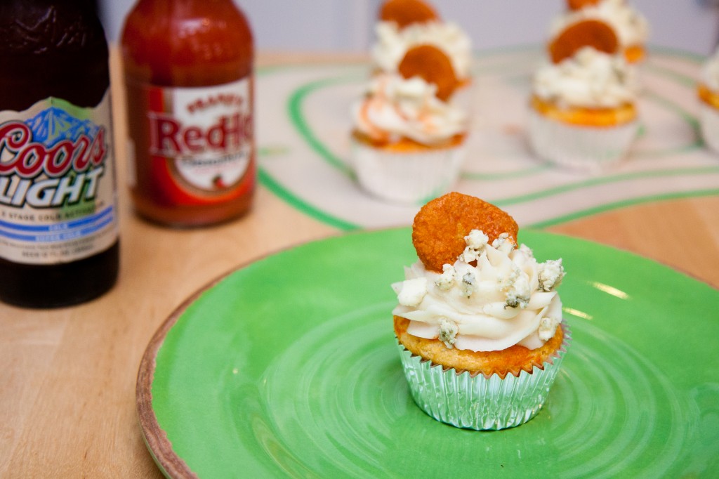Super Bowl Hot Wing Cupcakes - Cornbread Cupcakes, Mashed Potato Frosting, & Buffalo Wing Topper